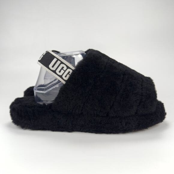 UGG Fluff Yeah Slippers Casual Black Slingback Fuzzy Girls Size 11 - Picture 1 of 9